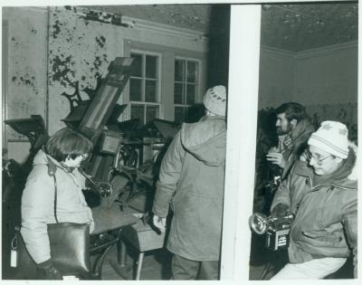 Photographs of students, interior of Spanish residential school following closing, and reunion announcement