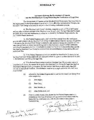 Schedule V, agreement between the Government of Canada and the Merchant Law Group respecting the verification of legal fees