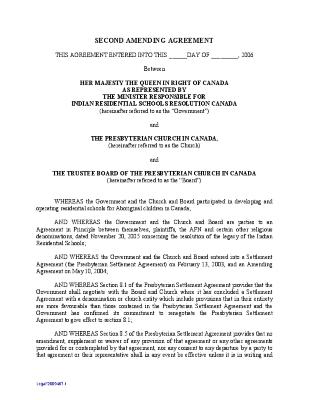 Schedule 0-1, The Presbyterian Church entities in Canada agreement