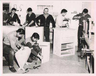 Photographs of a group of students in woodworking class