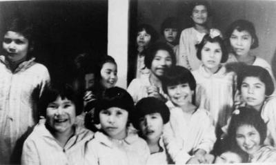 Photograph of the junior girls before bedtime