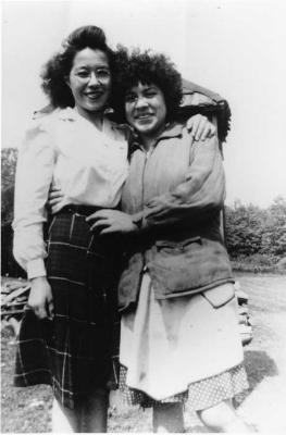 Photograph of Margaret Recollet and Teresa Wakegijig outside