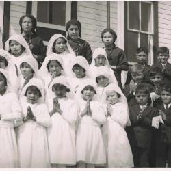 Photographs of students, staff, clergy, and community members in Hobbema