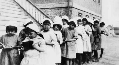Photograph of students lined up for church