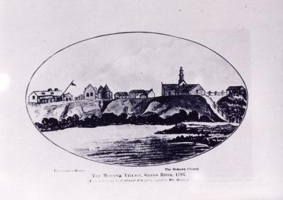 Photograph of a sketch of the Mohawk Villiage on the Grand River