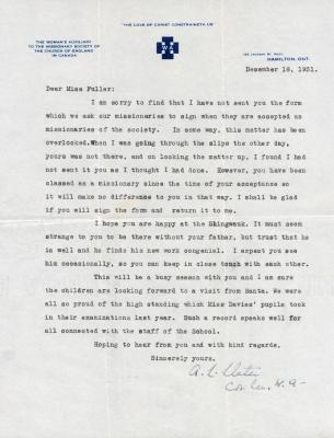 A letter to Miss Fuller from the women's auxiliary to the missionary society of the Chuch of England in Canada
