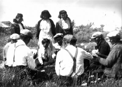 Photograph of a group playing cards outside