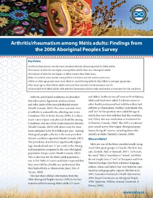 Arthritis rheumatism among Métis adults : findings from the 2006 Aboriginal peoples survey