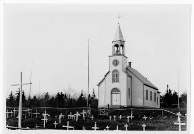 Photograph of a chapel and a cemetery in Batchawana