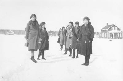 Photograph of Clara Saylors, Irene Hoff, Ruby La Force, Annie Frank, Jane Blacksmith, Mina Ruben, and Lucy Keshyonga