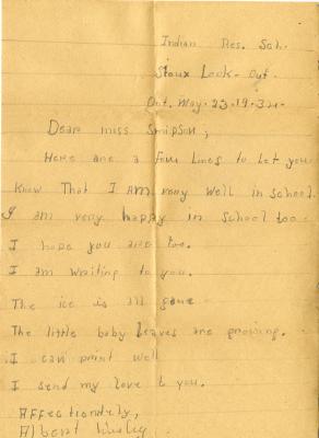 Letters to Jane Simpson from students at Pelican Lake Residential School