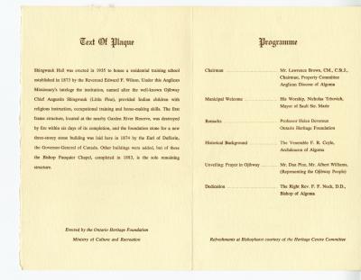 Diocese of Algoma official unveiling of an historical plaque commemorating Shingwauk Hall
      and Bishop Fauqier Chapel