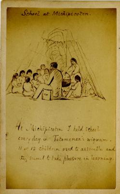 Large photo album page 24: Photograph of C.W. Nicholl and the school at Michipicoten