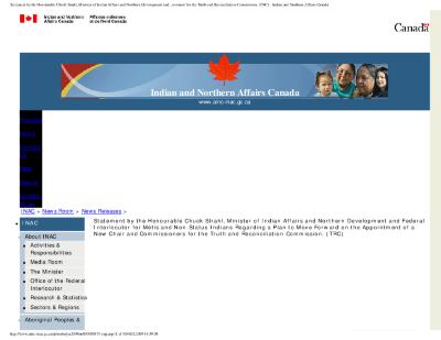 Truth and Reconciliation Commission statement by minister of Indian Affairs Chuck Strahl
