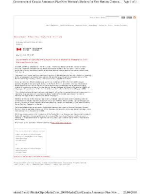 Government of Canada announces five new women's shelters for First Nations communities