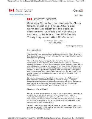Speaking notes for the Honourable Chuck Strahl, Minister of Indian Affairs and Northern Development